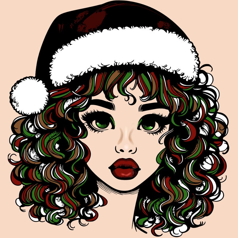 realistic girl with a santa hat curly hair and lips