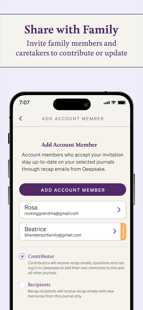 Interfaccia dell'app Qeepsake che mostra l'opzione per aggiungere membri della famiglia e custodi come collaboratori o destinatari a un diario digitale.