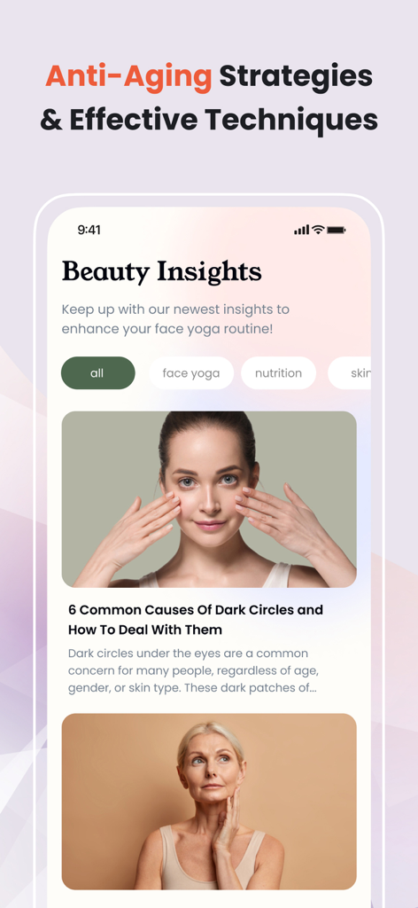 Young Face: Face Yoga Exercise - Young Face app screen displaying Beauty Insights and anti aging articles for facial care
