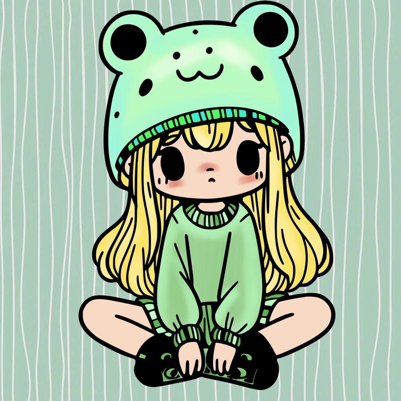 a girl wearing a frog hat and some frog socks