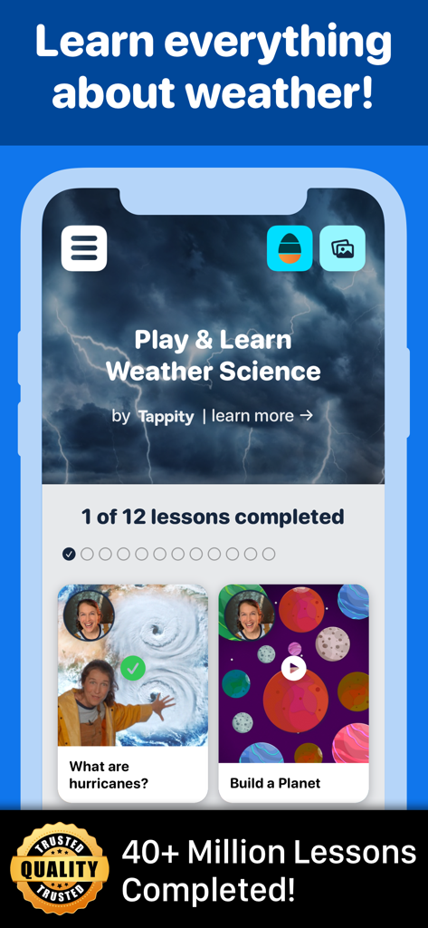 Weather for Kids Play & Learn - Screenshot of the Weather for Kids Play and Learn app showing interactive science lessons and progress tracker for children