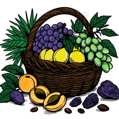 a fruit basket from morocco with apricots, dates and grapes