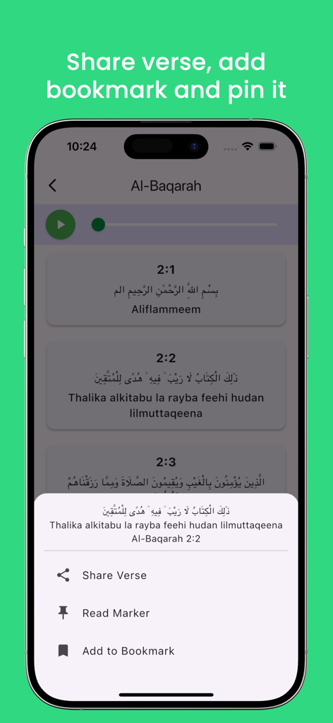 Quran App - English - Interface de aplicativo móvel exibindo versículos do Alcorão com um menu para compartilhar, fixar e favoritar.