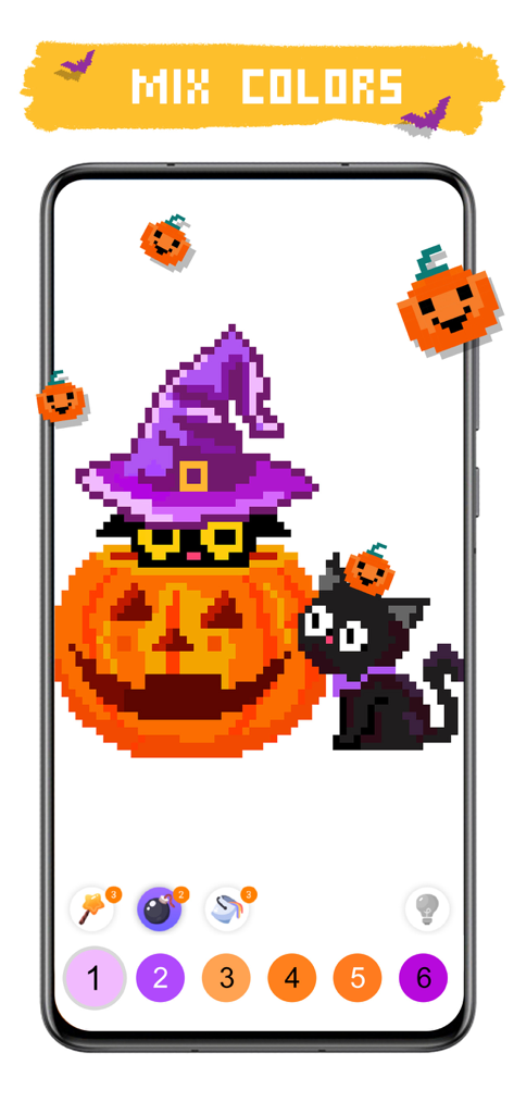 A pixel art coloring game screen showing a black cat with a witch hat next to a jack o lantern pumpkin