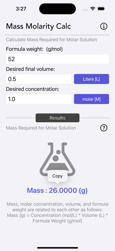 Interface of the Mass Molarity Calculator app showing a calculated result of 26 grams for a chemical solution