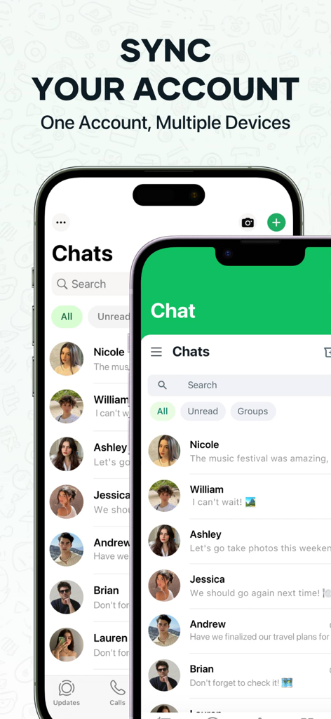 WA Web - Dual Messenger ⁺ - User interface showing WhatsApp account synchronization on multiple mobile devices