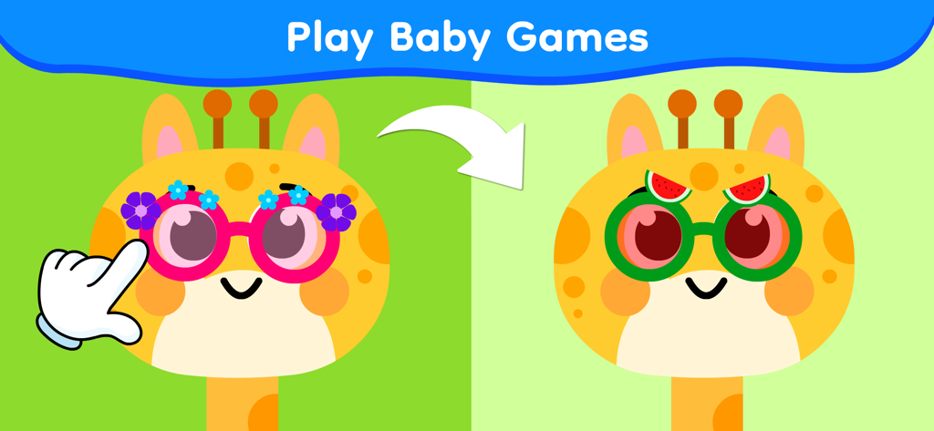 Una giraffa dei cartoni animati che cambia i suoi occhiali colorati in un gioco di apprendimento per bambini