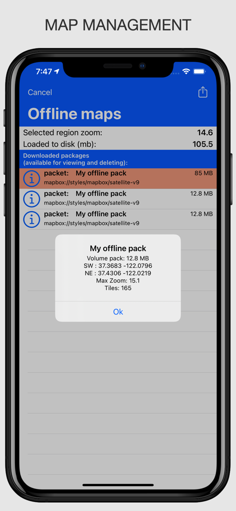 Offline Maps: GPS Tracker GPX - Oberfläche, die die Verwaltung und technischen Details heruntergeladener Offline-Kartenpakete in der App anzeigt