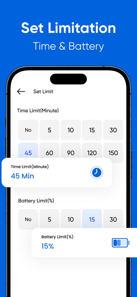 Portable Wifi Mobile Hotspot - 휴대용 와이파이 핫스팟 앱에서 시간 및 배터리 제한 설정 옵션을 보여주는 스마트폰 화면.
