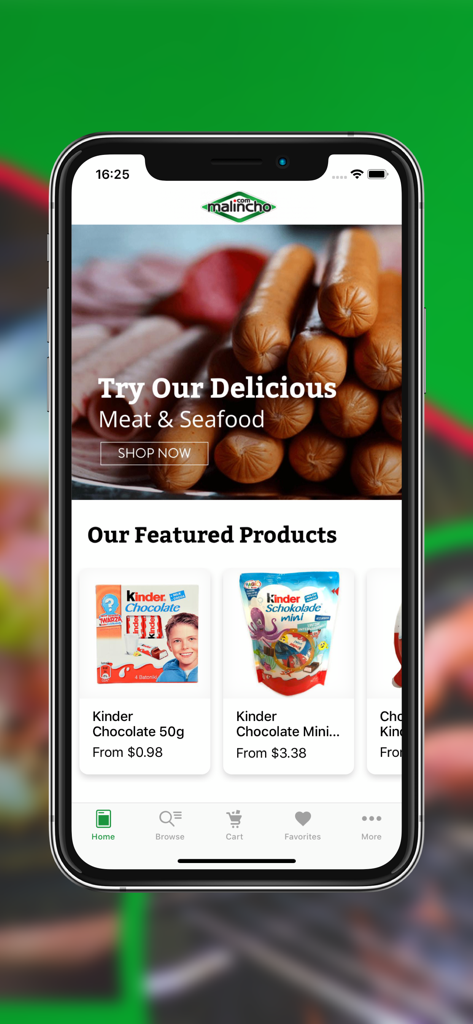 Malincho - Malincho mobile app interface featuring imported European meats and Kinder chocolates