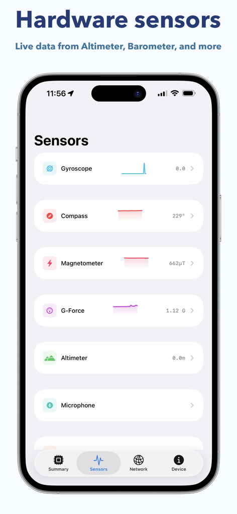 iDevice Monitor - Screenshot of iDevice Monitor app showing live hardware sensor data for gyroscope, compass, magnetometer, and g-force.