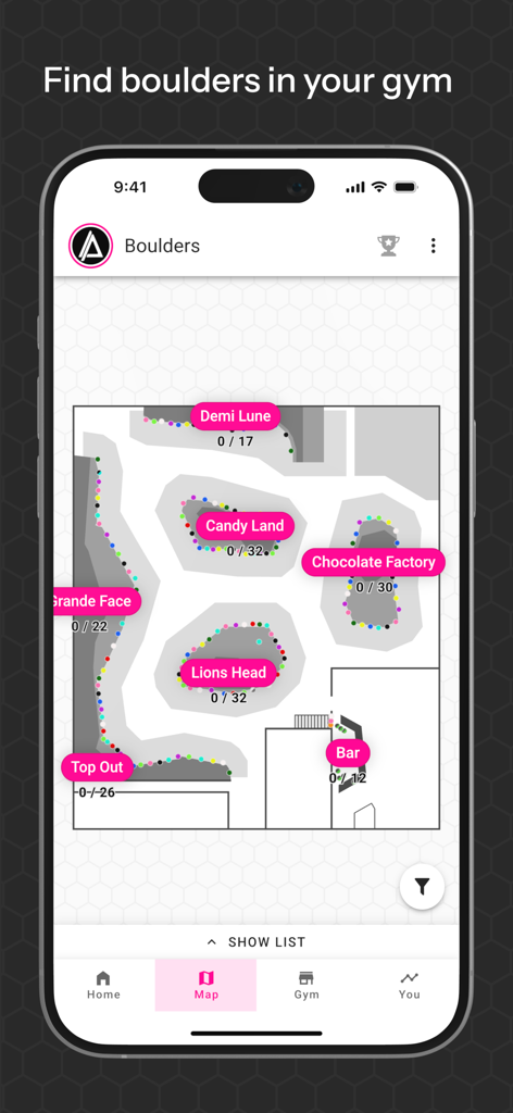 TopLogger - Interactive climbing gym map on the TopLogger app showing different bouldering sectors and progress.