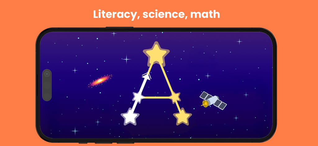 Kokoro Kids: educational games - A mobile game from Kokoro Kids showing a star constellation in the shape of the letter A for literacy learning.