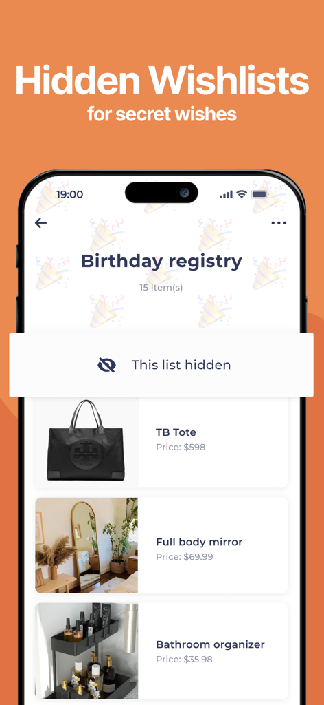 Wishlist Maker - Listery - Listery app interface showing a hidden birthday wishlist with items like a designer tote and full body mirror