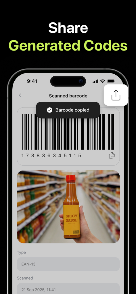 Barcode & QR Code: Scanner App - Interfaz de la aplicación de escáner de códigos de barras que muestra un código EAN-13 escaneado y una imagen de producto de salsa picante