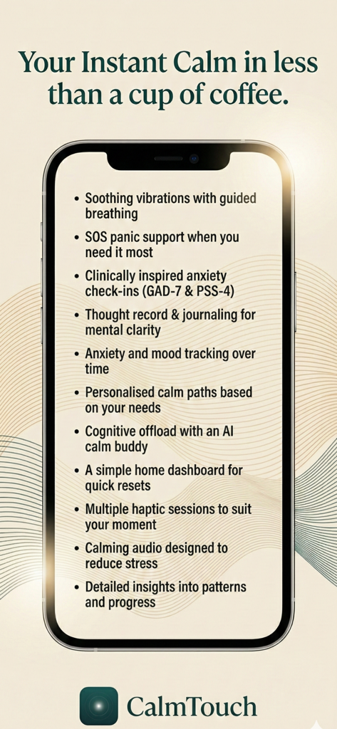 Pantalla de iPhone mostrando las características de la aplicación CalmTouch para el alivio del estrés y la ansiedad, incluido el soporte de pánico SOS y los controles de ansiedad clínicos