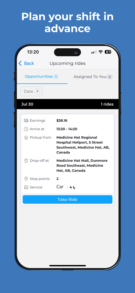 Smartphone displaying the Y-DrivER app upcoming rides screen with a booking opportunity and estimated earnings