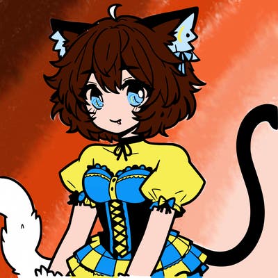a femboy with cat tail and cat ears and with fluffy hair
