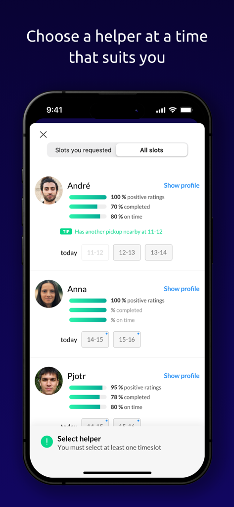 Tiptapp app interface for choosing a helper with ratings and available time slots