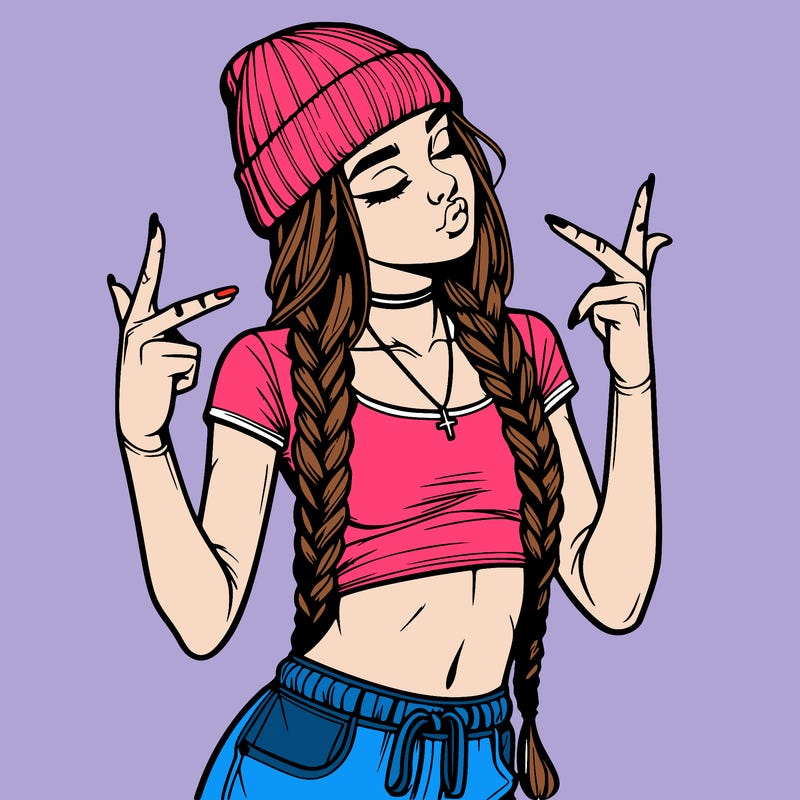 realistic teenage girl with braids and a beanie and crop top doing 🫶🏼