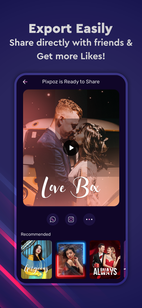 Photo to Video Maker With Song - Pixpoz app interface showing a romantic video ready for social media sharing
