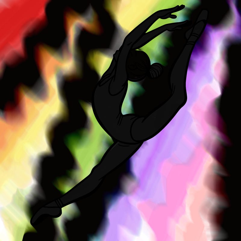 gymnast doing a leap in a leotard with a bent back leg