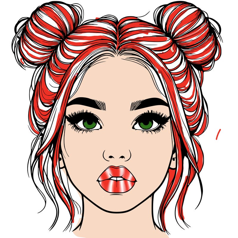 realistic girl with two buns on her hair and lips