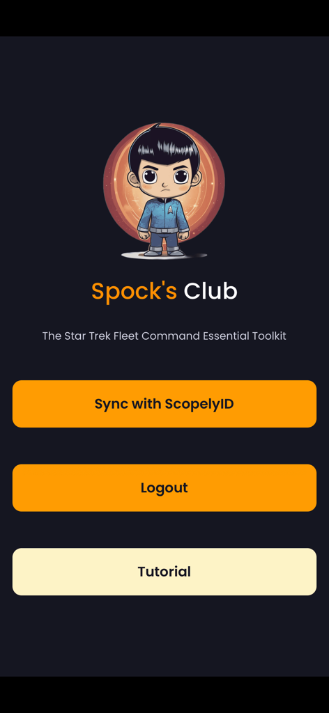 SpocksClub - Spocks Club home screen with cartoon character and buttons to sync ScopelyID or view tutorials