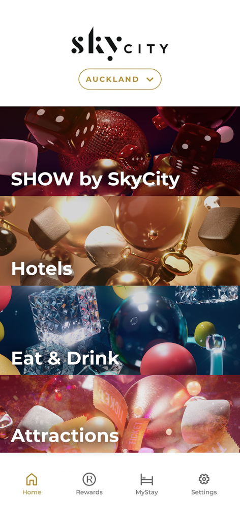 SkyCity - SkyCityアプリのホーム画面。オークランドのホテル、ダイニング、アトラクションのナビゲーションが表示されています。