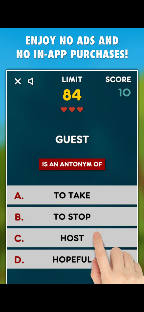 Antonyms PRO - Antonyms PRO gameplay showing a multiple choice vocabulary quiz with no ads.
