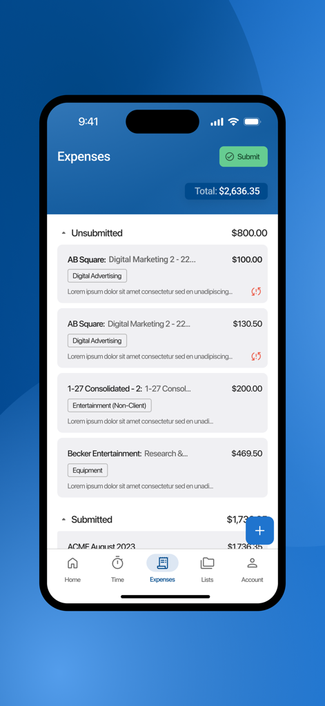 BigTime: Mobile - La aplicación BigTime Mobile muestra una lista de gastos de empresa no enviados y enviados con detalles del proyecto y costos