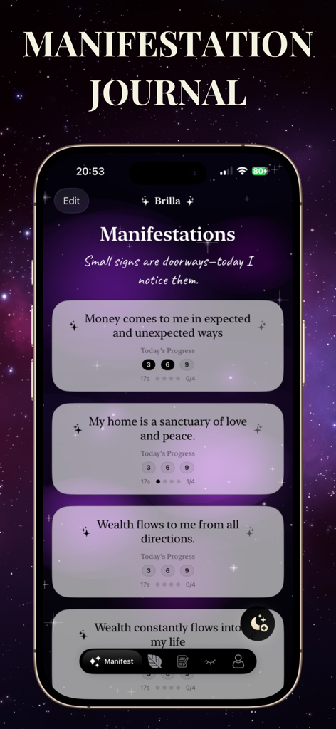 Secret Manifestation Journal - Tägliche Manifestationsliste und Fortschrittsverfolgung für die 369-Methode in der Brilla-App.