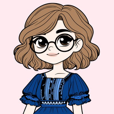 one girl with medium short hair, which are wavy. she has round glasses. she wears a latina outfit.