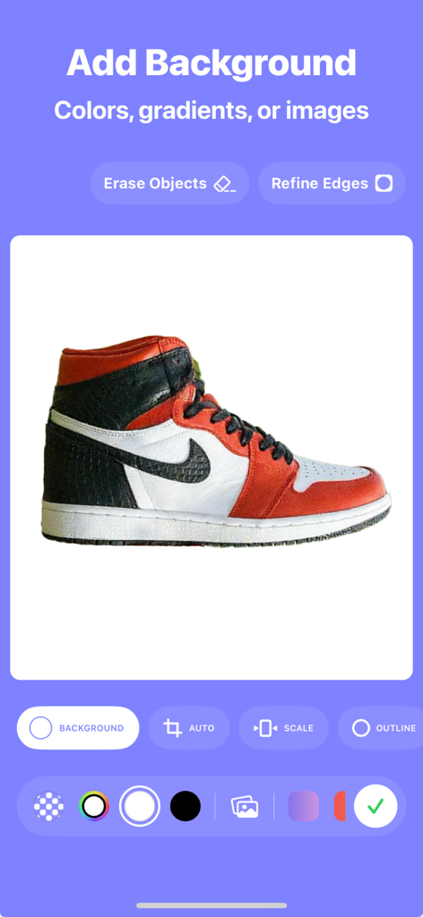 Remove BG Object Eraser - Snip - Snip app interface showing options to add colors, gradients, or custom backgrounds to a sneaker product photo.