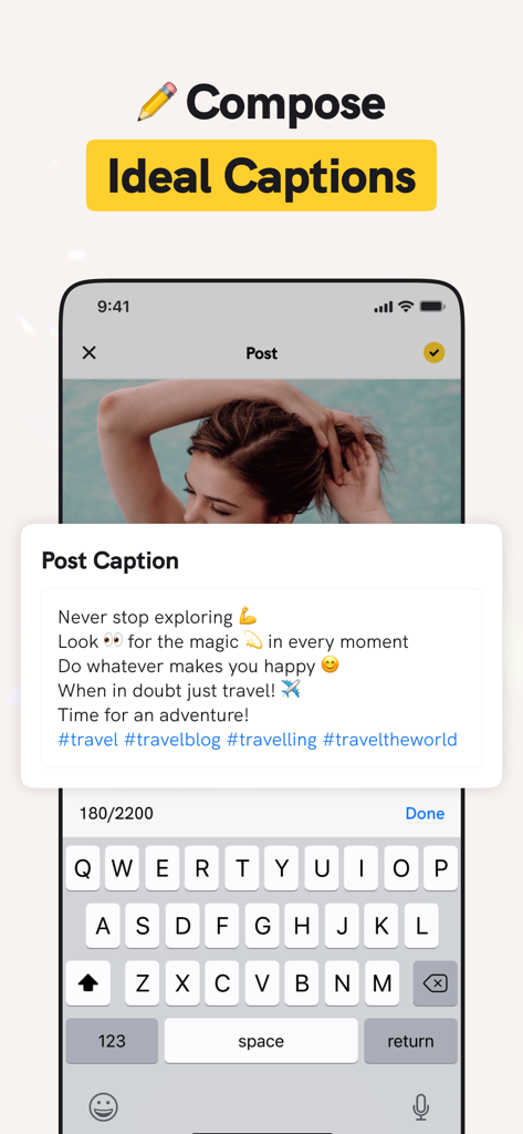 Interface for composing and planning Instagram captions and hashtags with the InView app.