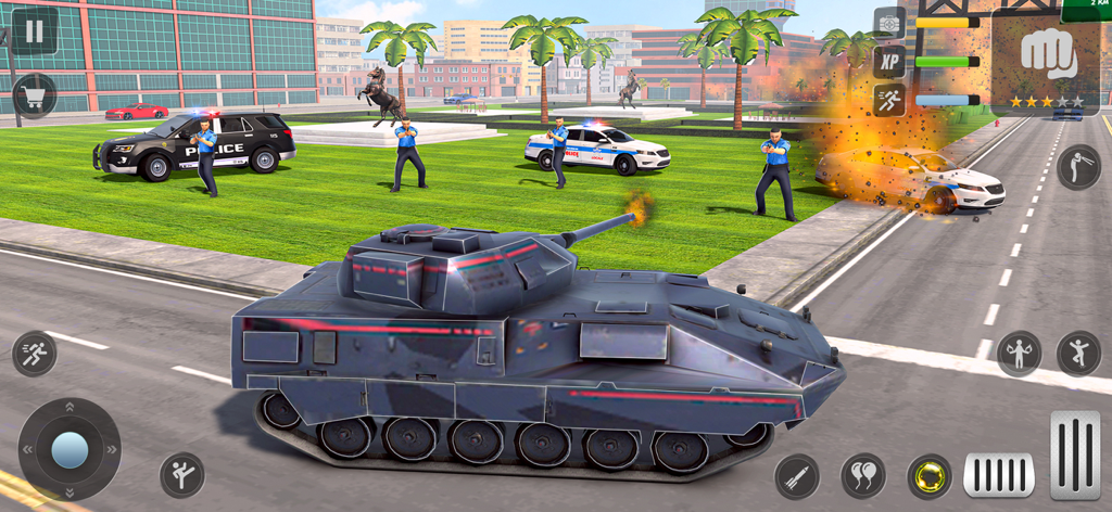 Vegas Gangster Shooting Games - Captura de tela do jogo mostrando um tanque atacando policiais e destruindo carros em um ambiente de cidade.