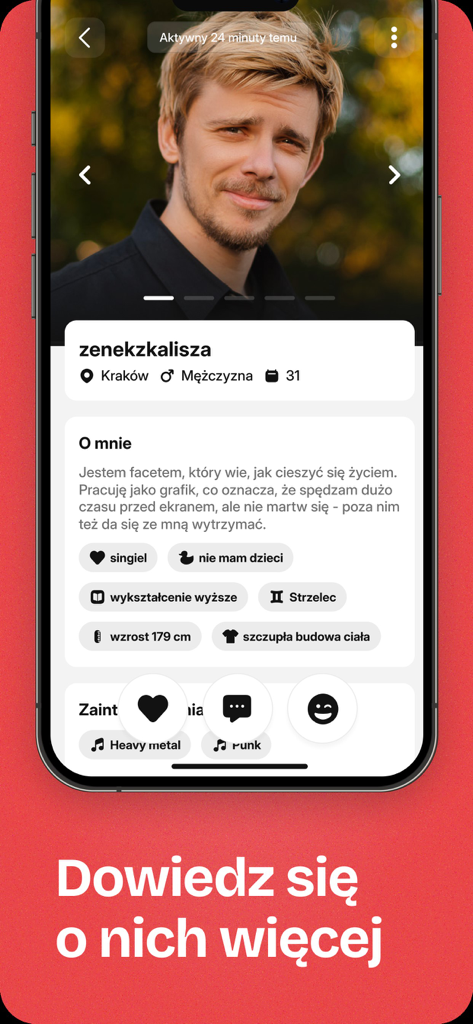 Sympatia - randki, flirt, czat - Profil utilisateur détaillé sur l'application de rencontres Sympatia montrant la biographie et les centres d'intérêt en polonais.