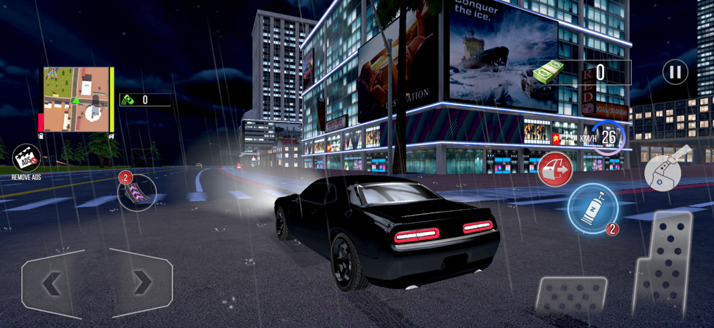 Midnight City Drifting Games - A black muscle car driving through a rainy neon-lit city street at night in a mobile drifting game.