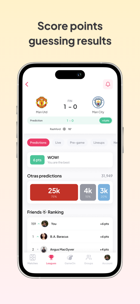 A mobile interface for a soccer prediction app showing match results points earned and a friends ranking leaderboard