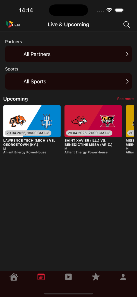 Urban Edge Network | UEN - Live and Upcoming sports schedule on the Urban Edge Network app showing collegiate game cards.
