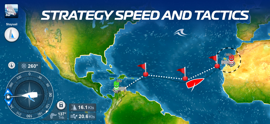 Tactical navigation map showing a sailing route across the Atlantic in Virtual Regatta Offshore.
