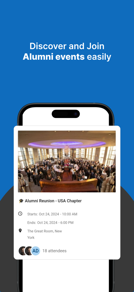 Almashines Alumni - A mobile screenshot showing the events feature of the Almashines Alumni app with details for a USA Chapter reunion event.