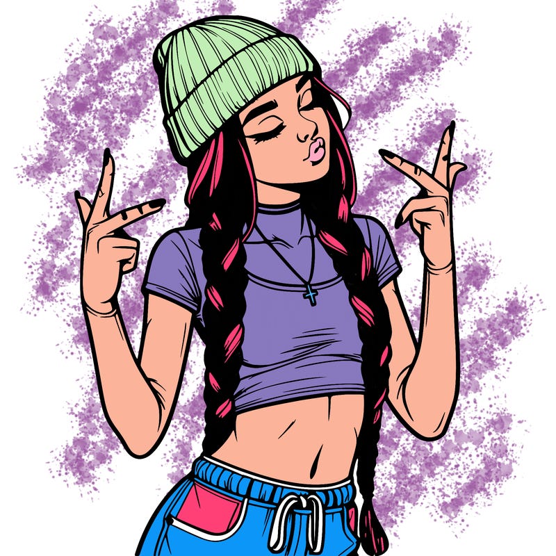 realistic teenage girl with braids and a beanie and crop top doing 🫶🏼