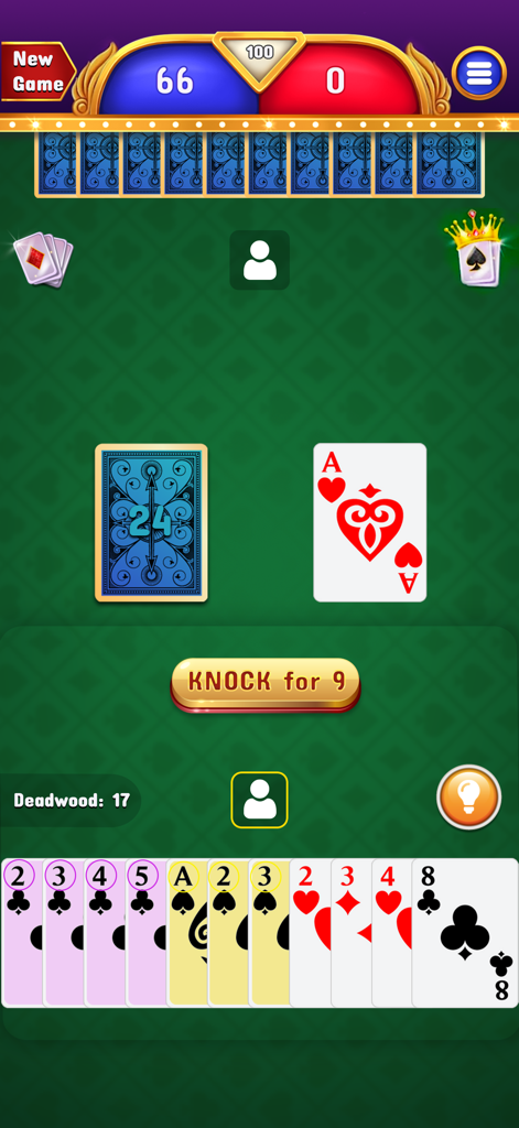 Gin Rummy - Classic Cards Game - Interfaz del juego de cartas móvil Gin Rummy que muestra una mano de cartas y la opción de 'knock'