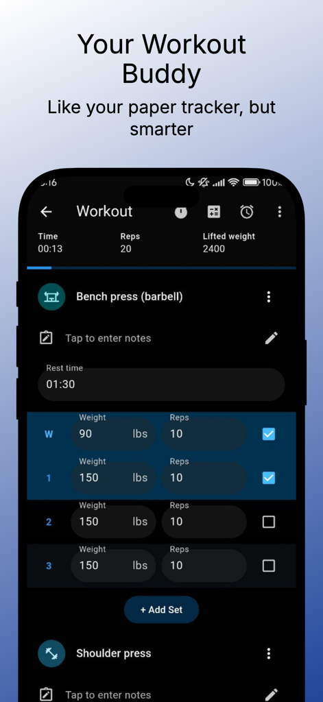 Gym Bro - Your Workout Buddy - セット、重量、レップを表示するバーベルベンチプレスワークアウトログを示すGym Broアプリのインターフェース