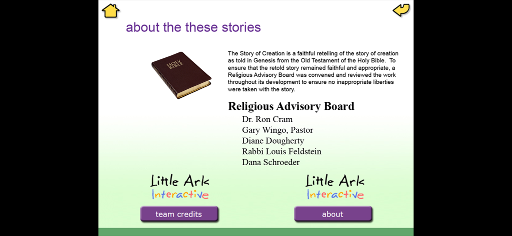 Religious Advisory Board screen for the Noahs Ark interactive Bible story app