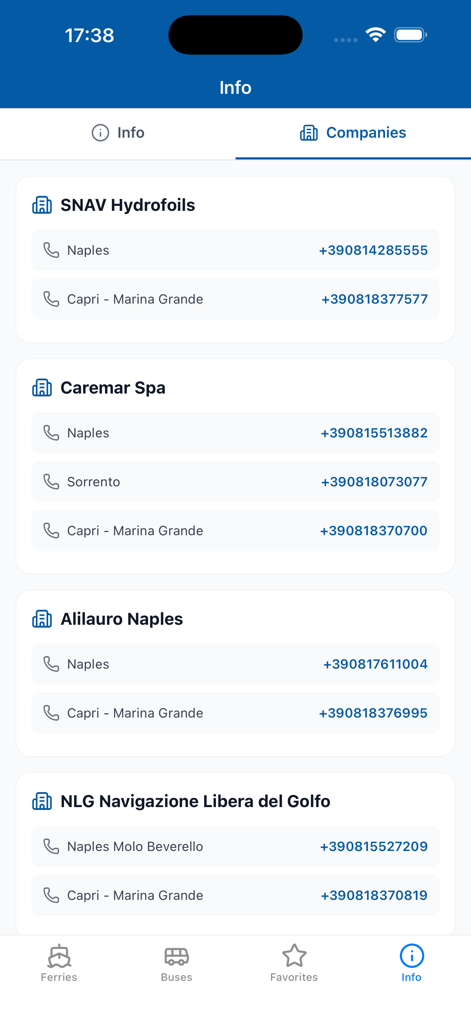 Capri Schedule - List of contact phone numbers for ferry companies in Capri including SNAV and Caremar