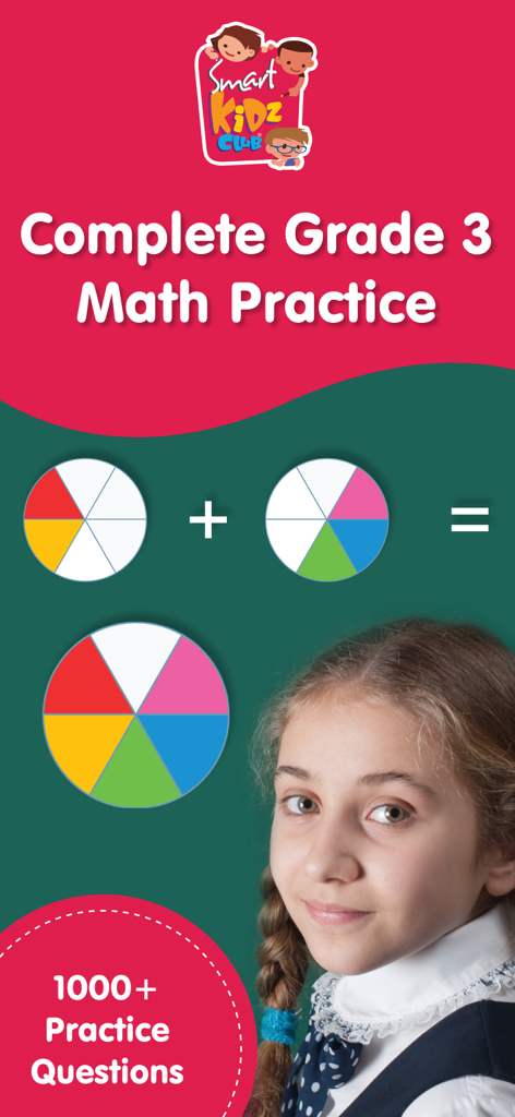 Promotional screen for Smart Kidz Club showing fraction diagrams and a young student for 3rd grade math practice