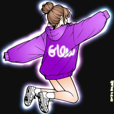 realistic girl jumping with a bun and oversized sweatshirt