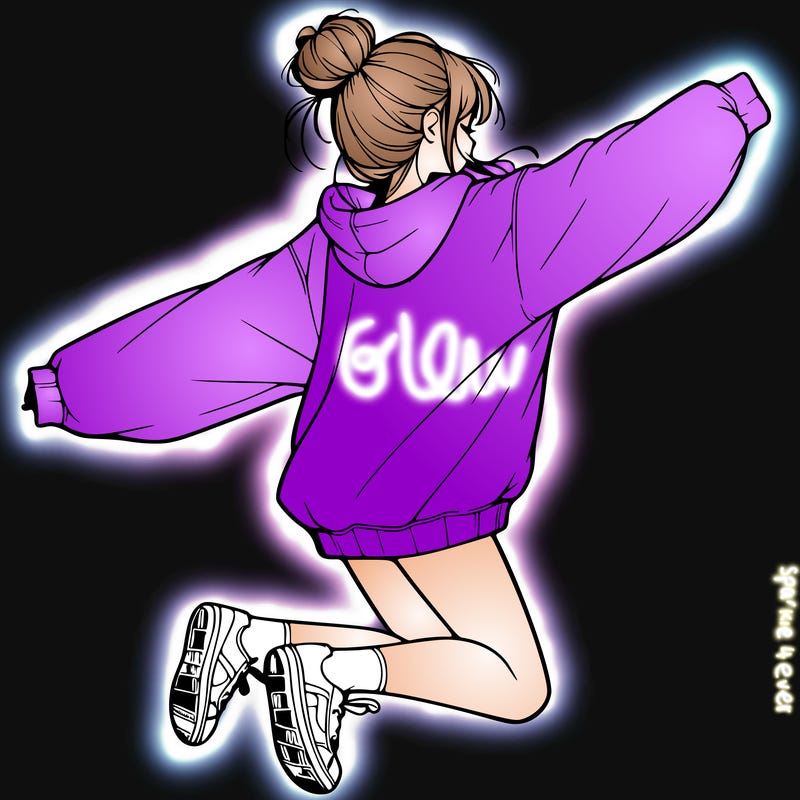 realistic girl jumping with a bun and oversized sweatshirt